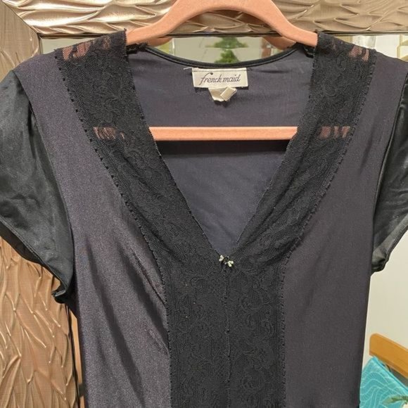 French Maid Vintage Lingerie Black Satin Romper Jumpsuit - Picture 4 of 5